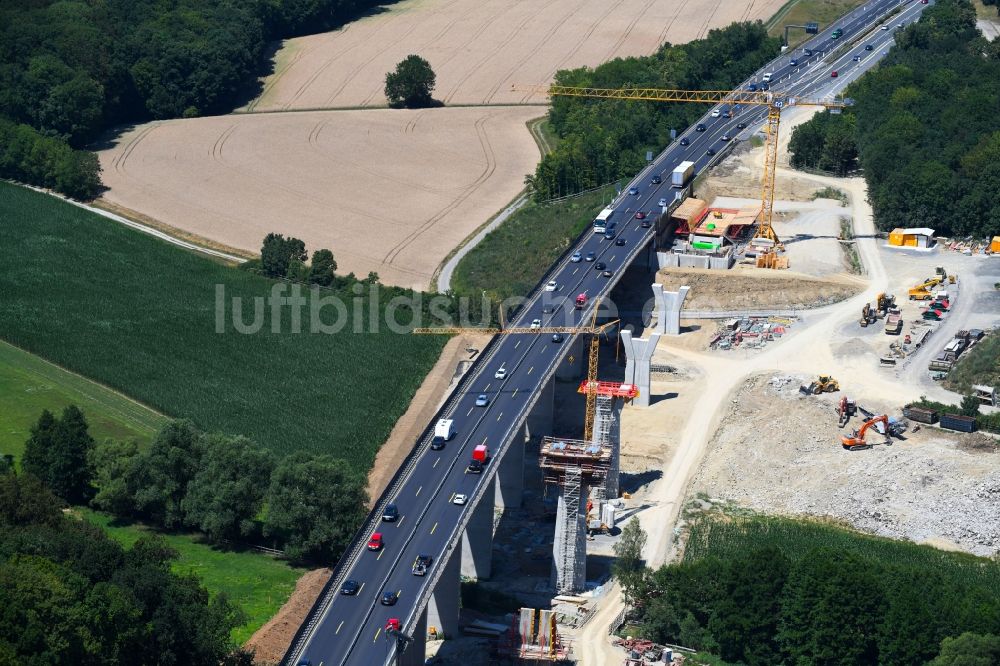 Rimpar von oben - Baustelle zum Neubau des Autobahn- Brückenbauwerk der Talbrücke Pleichach in Rimpar im Bundesland Bayern, Deutschland