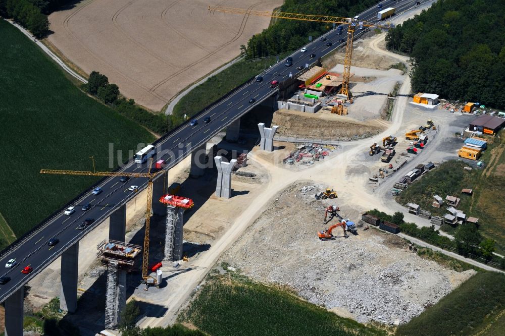 Rimpar von oben - Baustelle zum Neubau des Autobahn- Brückenbauwerk der Talbrücke Pleichach in Rimpar im Bundesland Bayern, Deutschland