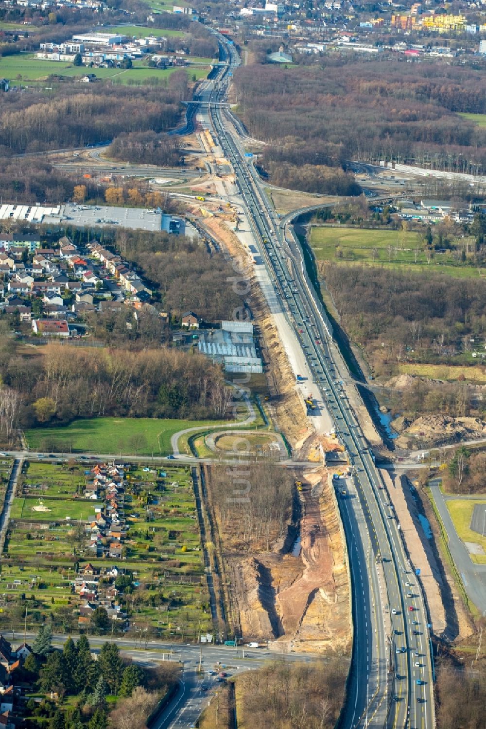 Luftaufnahme Recklinghausen - Baustelle zum Neubau am Autobahn- Streckenverlauf der BAB A43 im Ortsteil Stuckenbusch in Recklinghausen im Bundesland Nordrhein-Westfalen