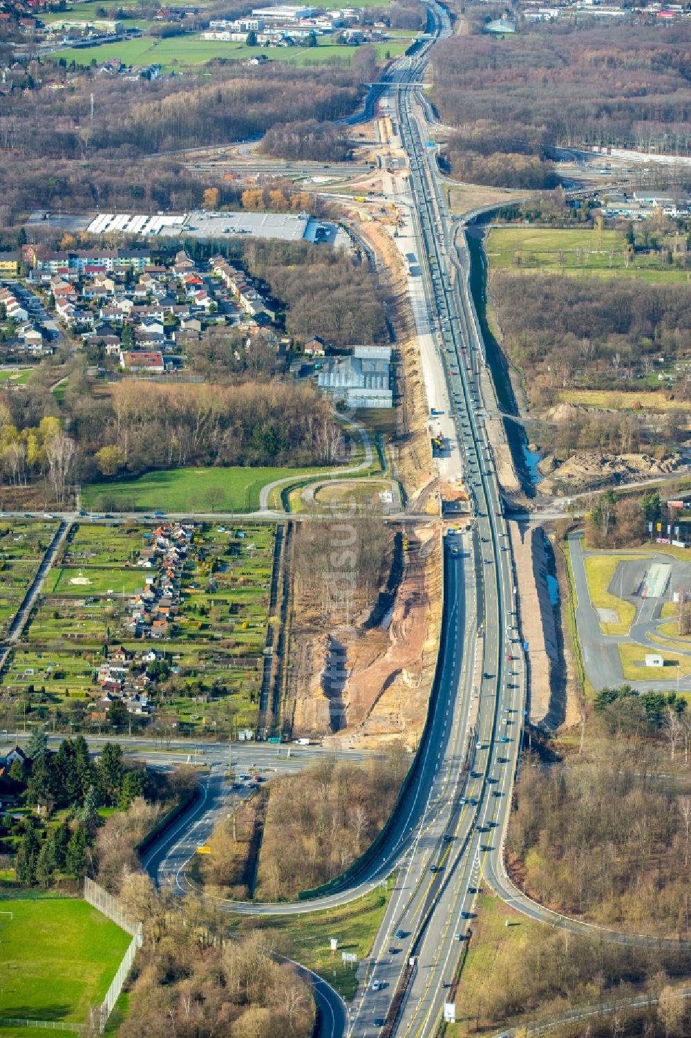 Recklinghausen aus der Vogelperspektive: Baustelle zum Neubau am Autobahn- Streckenverlauf der BAB A43 im Ortsteil Stuckenbusch in Recklinghausen im Bundesland Nordrhein-Westfalen