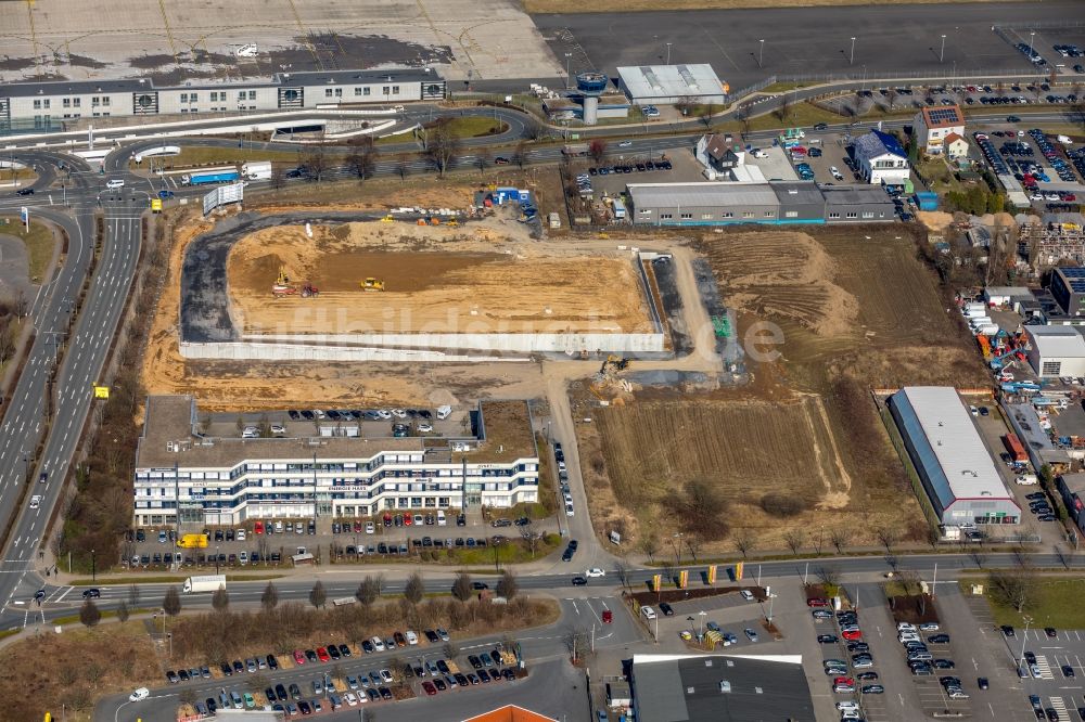 Luftbild Holzwickede - Baustelle zum Neubau des Autohandels- Gebäude des Autohauses Porsche Zentrum Dortmund der Hülpert GmbH an der Bertha-Krupp-Straße in Holzwickede im Bundesland Nordrhein-Westfalen, Deutschland