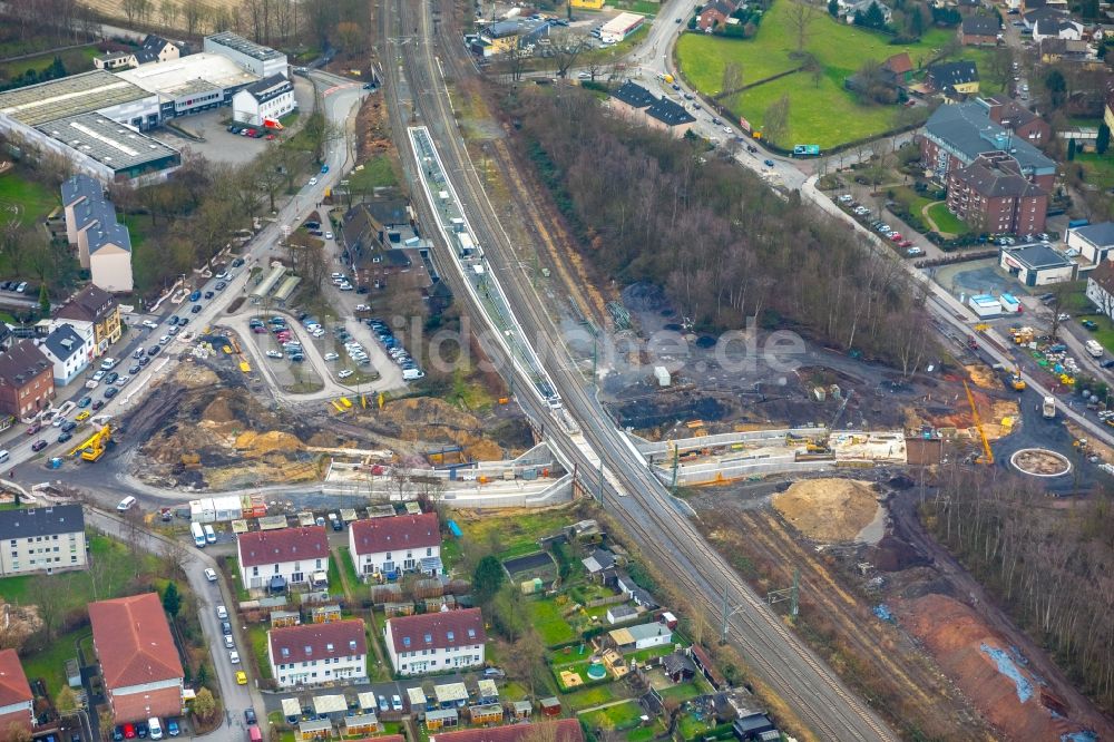 Luftaufnahme Lünen - Baustelle zum Neubau einer Bahn- Unterführung im Ortsteil Preußen in Lünen im Bundesland Nordrhein-Westfalen, Deutschland