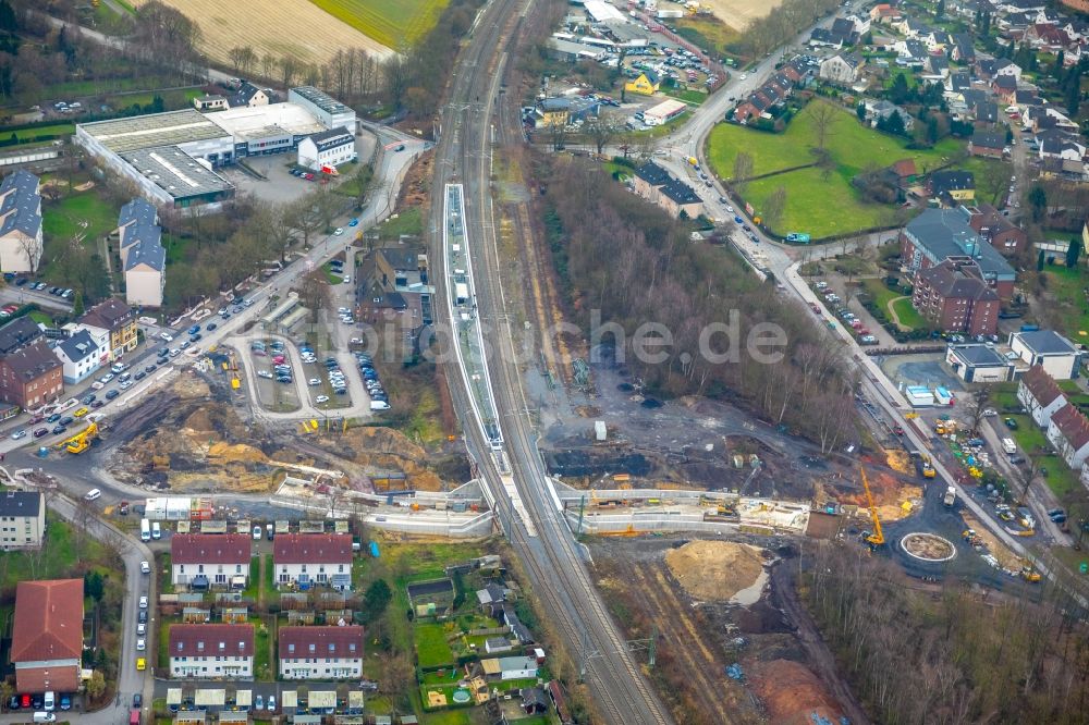 Lünen von oben - Baustelle zum Neubau einer Bahn- Unterführung im Ortsteil Preußen in Lünen im Bundesland Nordrhein-Westfalen, Deutschland