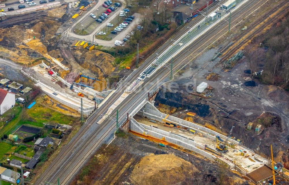 Lünen aus der Vogelperspektive: Baustelle zum Neubau einer Bahn- Unterführung im Ortsteil Preußen in Lünen im Bundesland Nordrhein-Westfalen, Deutschland