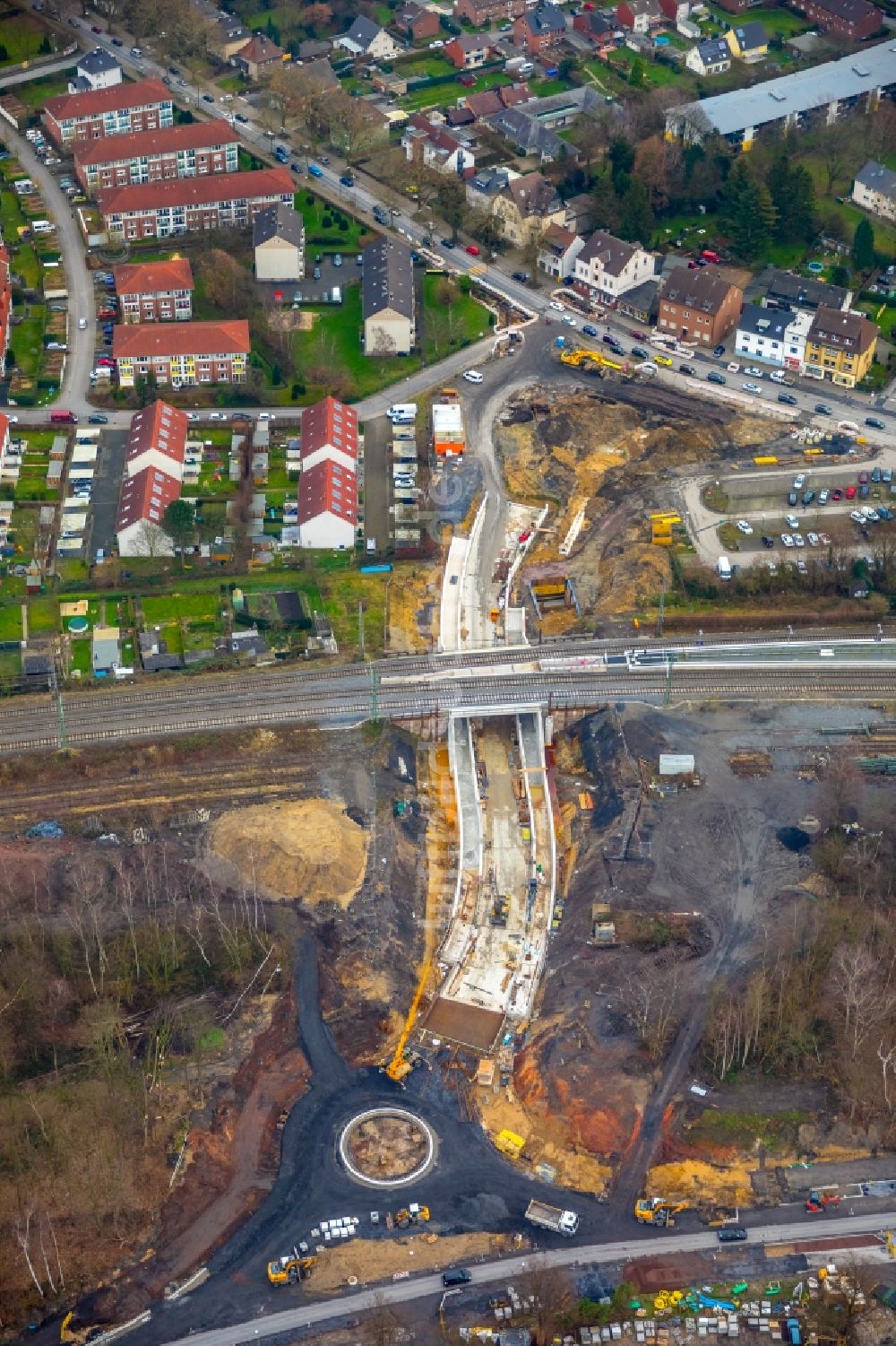 Luftaufnahme Lünen - Baustelle zum Neubau einer Bahn- Unterführung im Ortsteil Preußen in Lünen im Bundesland Nordrhein-Westfalen, Deutschland