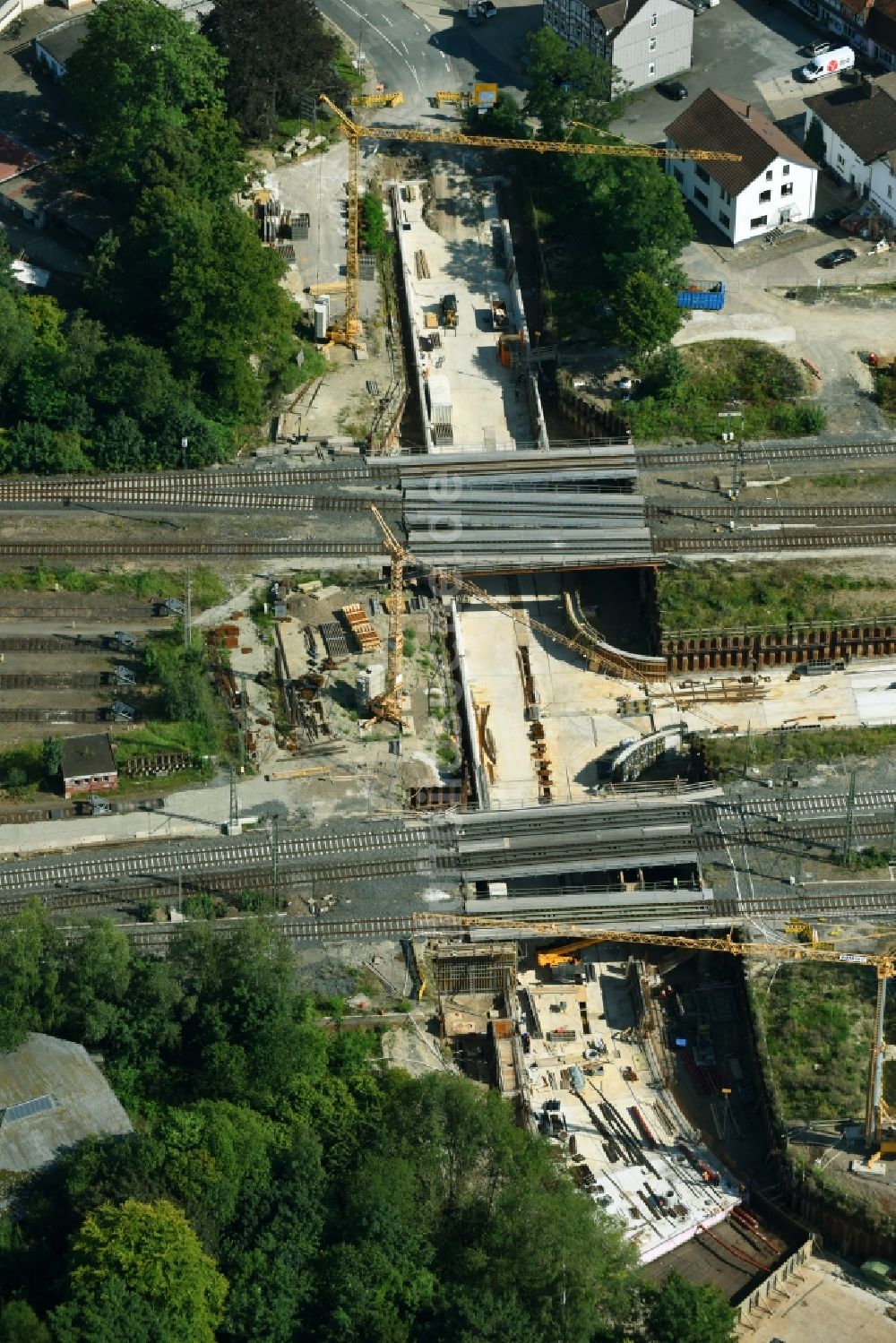 Northeim von oben - Baustelle zum Neubau einer Bahnunterführung der DB Netz AG in Northeim im Bundesland Niedersachsen, Deutschland