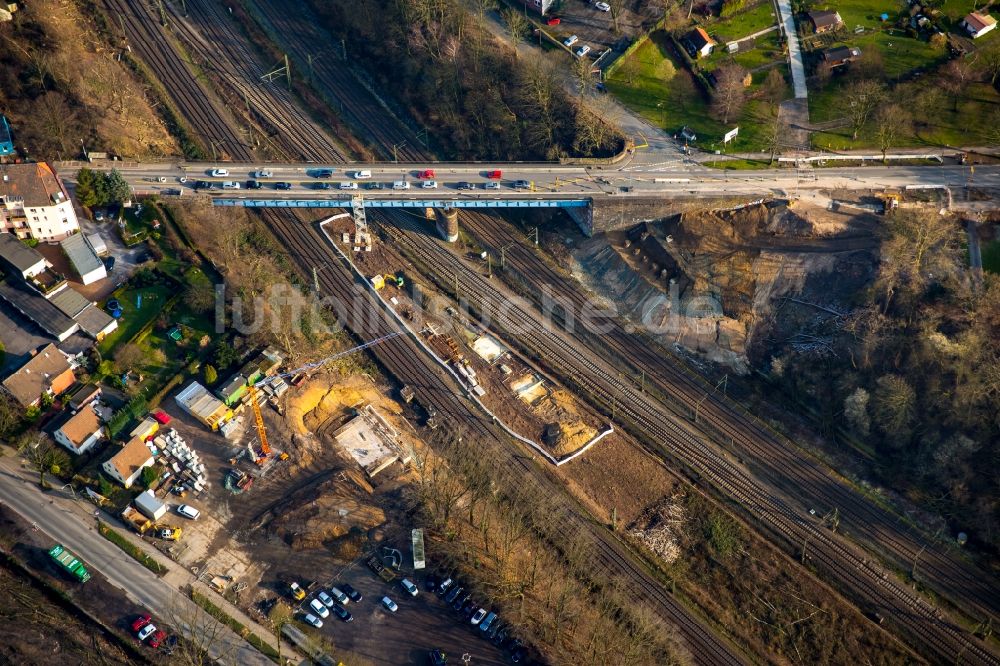 Luftaufnahme Bochum - Baustelle zum Neubau der Brücke im Straßenverlauf der Buselohstraße in Bochum im Bundesland Nordrhein-Westfalen