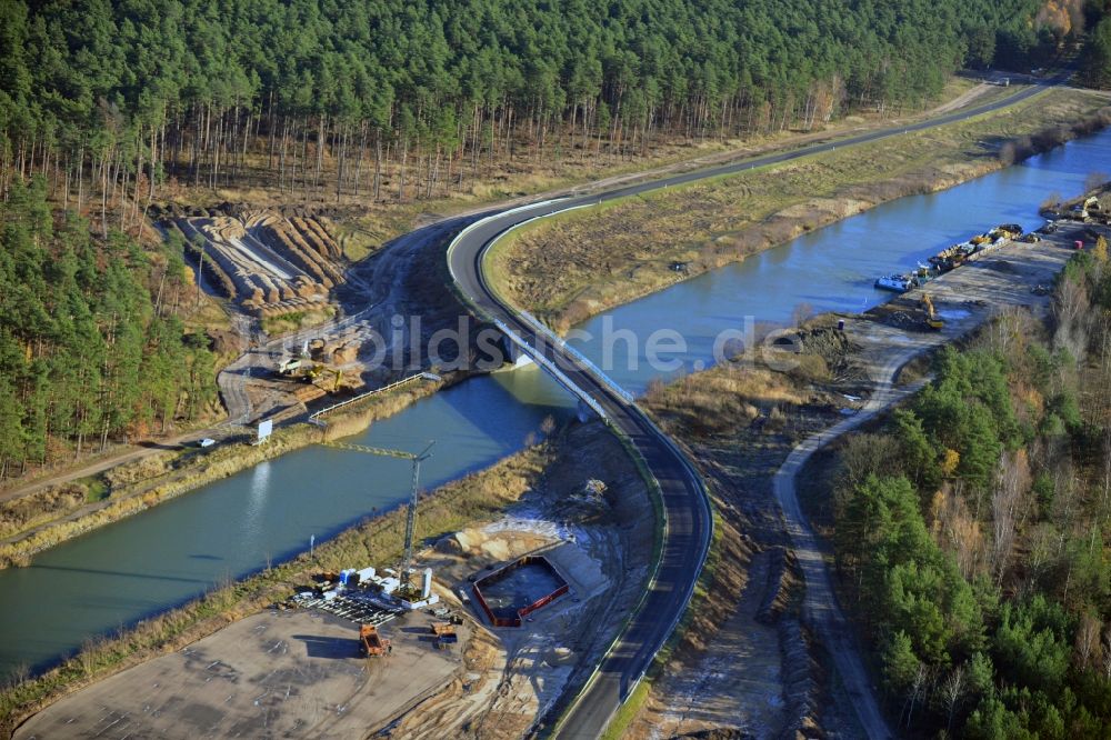 Eberswalde aus der Vogelperspektive: Baustelle zum Neubau eines Brückenbauwerkes entlang der Bundesstraße L 291 über den Finowkanal - Havel-Oder-Wasserstraße ( HOW ) bei Eberswalde in Brandenburg