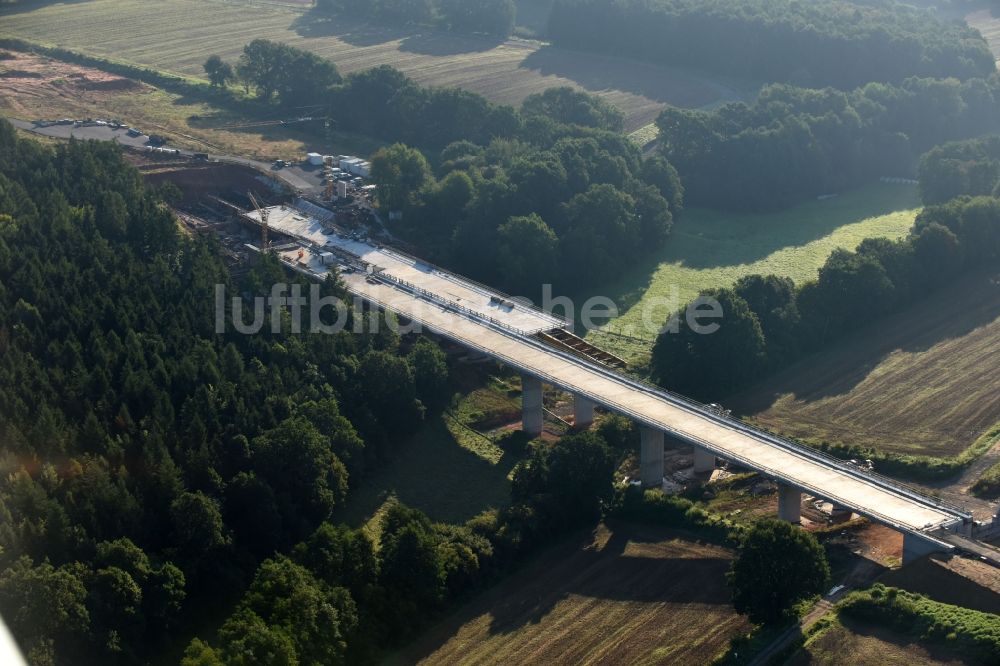 Rommershausen von oben - Baustelle zum Neubau der Brückenkonstruktion der BAB A 49 in Rommershausen im Bundesland Hessen, Deutschland