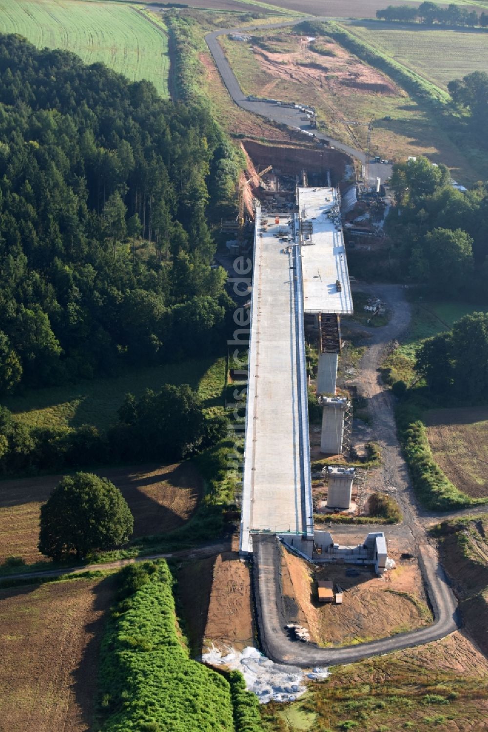 Luftbild Rommershausen - Baustelle zum Neubau der Brückenkonstruktion der BAB A 49 in Rommershausen im Bundesland Hessen, Deutschland