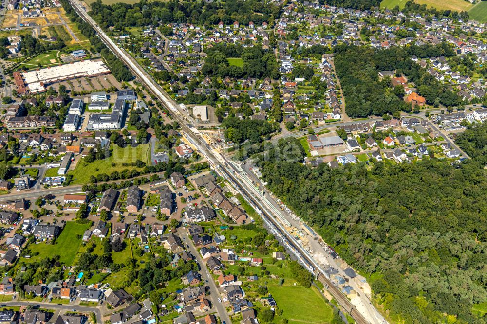 Luftaufnahme Voerde (Niederrhein) - Baustelle zum Neubau der Brückenkonstruktion über die Steinstraße in Voerde (Niederrhein) im Bundesland Nordrhein-Westfalen, Deutschland