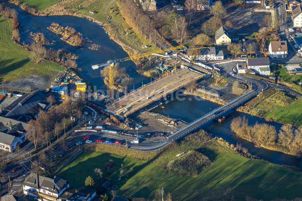 Luftbild Oeventrop - Baustelle zum Neubau der Brückenkonstruktion Dinscheder Brücke über die Ruhr in Oeventrop im Bundesland Nordrhein-Westfalen, Deutschland