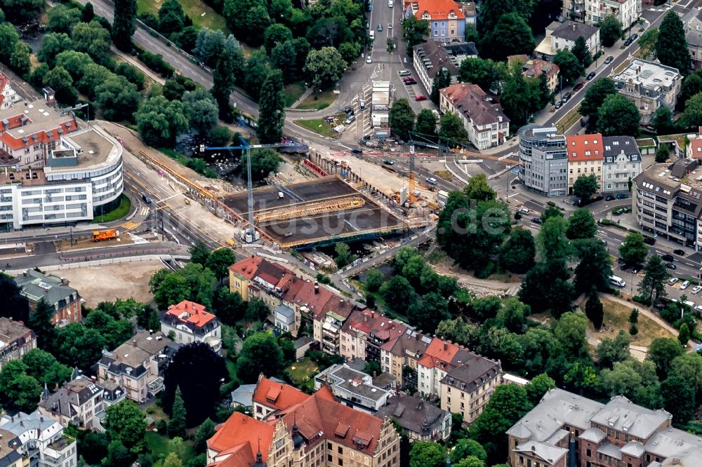 Freiburg im Breisgau aus der Vogelperspektive: Baustelle zum Neubau der Brückenkonstruktion der Kronenbrücke in Freiburg im Breisgau im Bundesland Baden-Württemberg, Deutschland