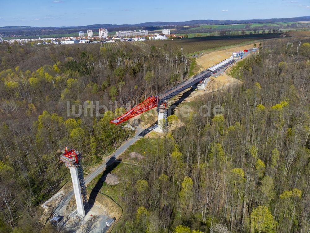 Pirna von oben - Baustelle zum Neubau der Brückenkonstruktion Talbrücke Gottleuba in Pirna im Bundesland Sachsen, Deutschland