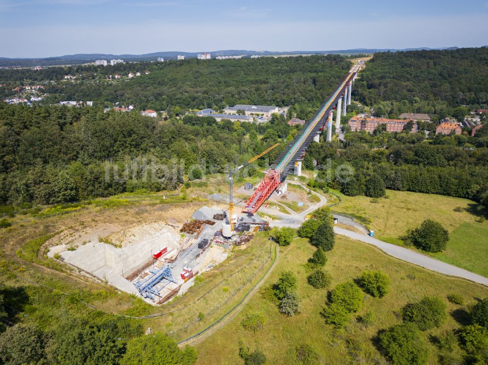 Luftbild Pirna - Baustelle zum Neubau der Brückenkonstruktion Talbrücke Gottleuba in Pirna im Bundesland Sachsen, Deutschland