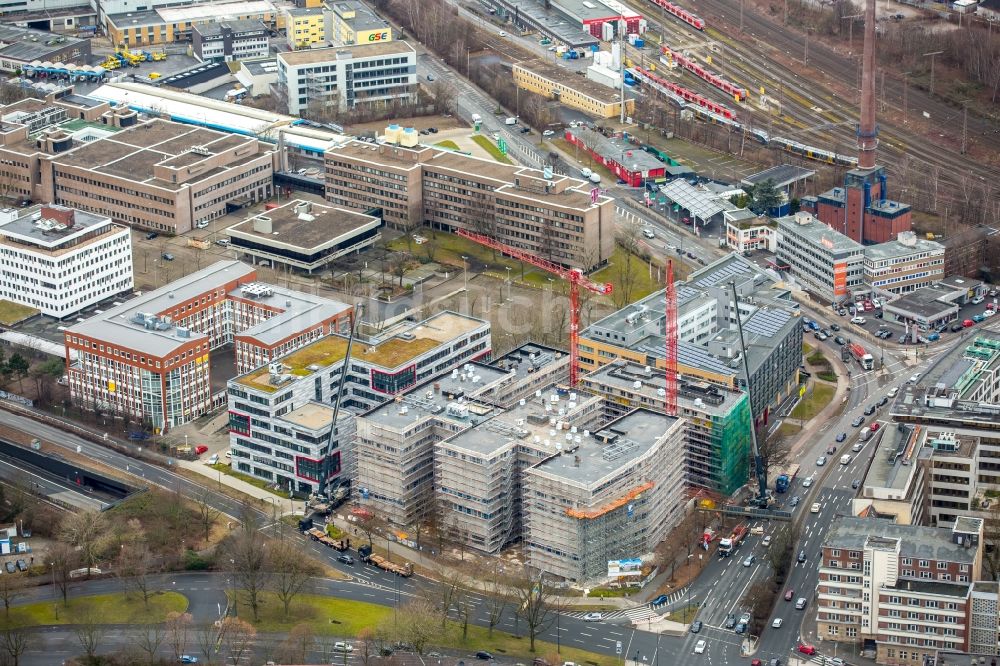 Luftbild Essen - Baustelle zum Neubau eines Büro- und Geschäftshauses der BITMARCK-Unternehmensgruppe auf dem Gelände des EUROPA-PARKs im Ortsteil Holsterhausen in Essen im Bundesland Nordrhein-Westfalen