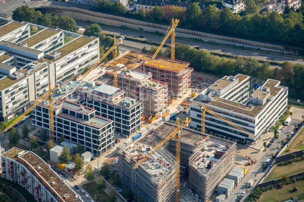 Luftaufnahme Essen - Baustelle zum Neubau eines Büro- und Geschäftshauses Messeallee - Luxemburger Straße - Straßburger Straße in Essen im Bundesland Nordrhein-Westfalen