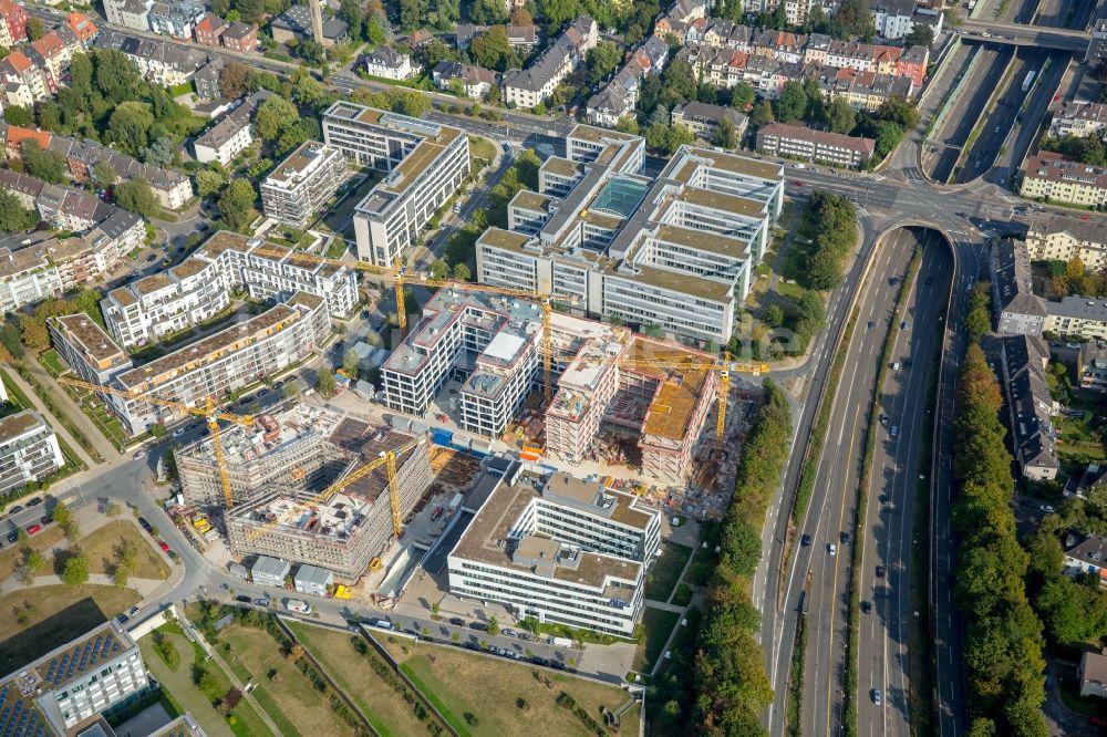 Luftaufnahme Essen - Baustelle zum Neubau eines Büro- und Geschäftshauses Messeallee - Luxemburger Straße - Straßburger Straße in Essen im Bundesland Nordrhein-Westfalen