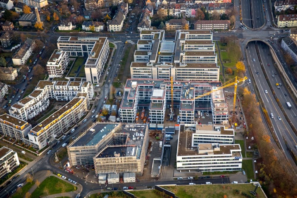 Luftaufnahme Essen - Baustelle zum Neubau eines Büro- und Geschäftshauses Messeallee - Luxemburger Straße - Straßburger Straße in Essen im Bundesland Nordrhein-Westfalen