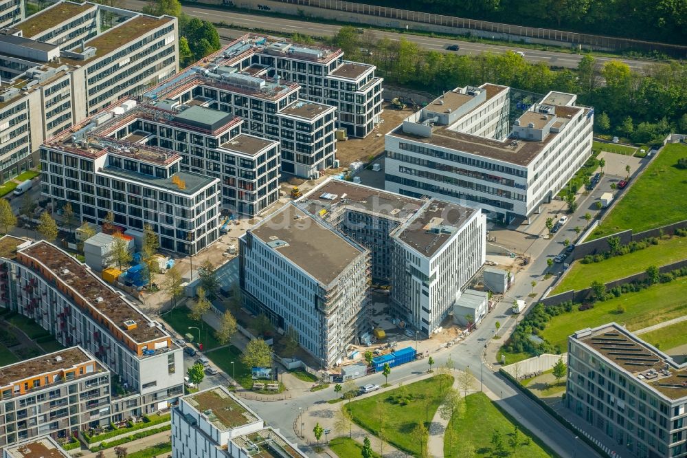 Essen aus der Vogelperspektive: Baustelle zum Neubau eines Büro- und Geschäftshauses Silberkuhlsturm in Rüttenscheid in Essen im Bundesland Nordrhein-Westfalen, Deutschland