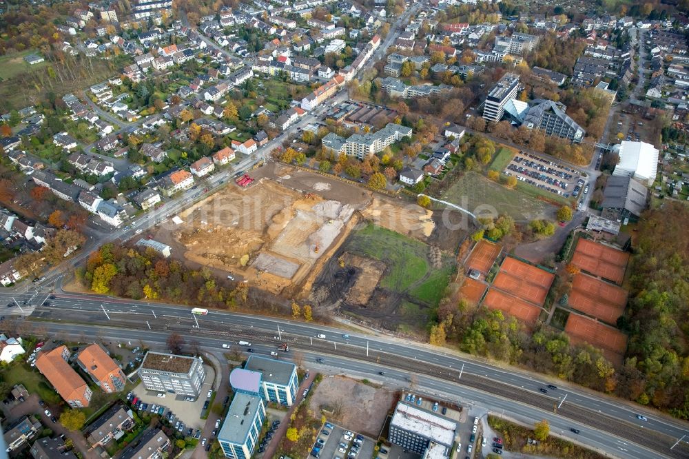 Luftaufnahme Bochum - Baustelle zum Neubau eines Büro- und Geschäftshauses der Vonovia Zentrale in Bochum im Bundesland Nordrhein-Westfalen