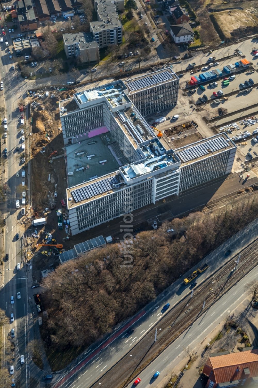 Bochum von oben - Baustelle zum Neubau eines Büro- und Geschäftshauses der Vonovia Zentrale in Bochum im Bundesland Nordrhein-Westfalen