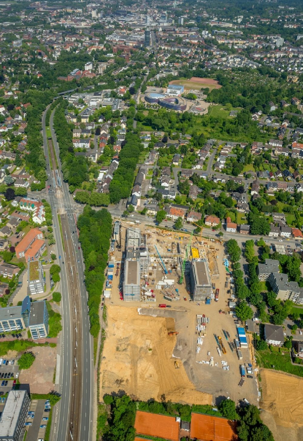 Bochum von oben - Baustelle zum Neubau eines Büro- und Geschäftshauses der Vonovia Zentrale in Bochum im Bundesland Nordrhein-Westfalen