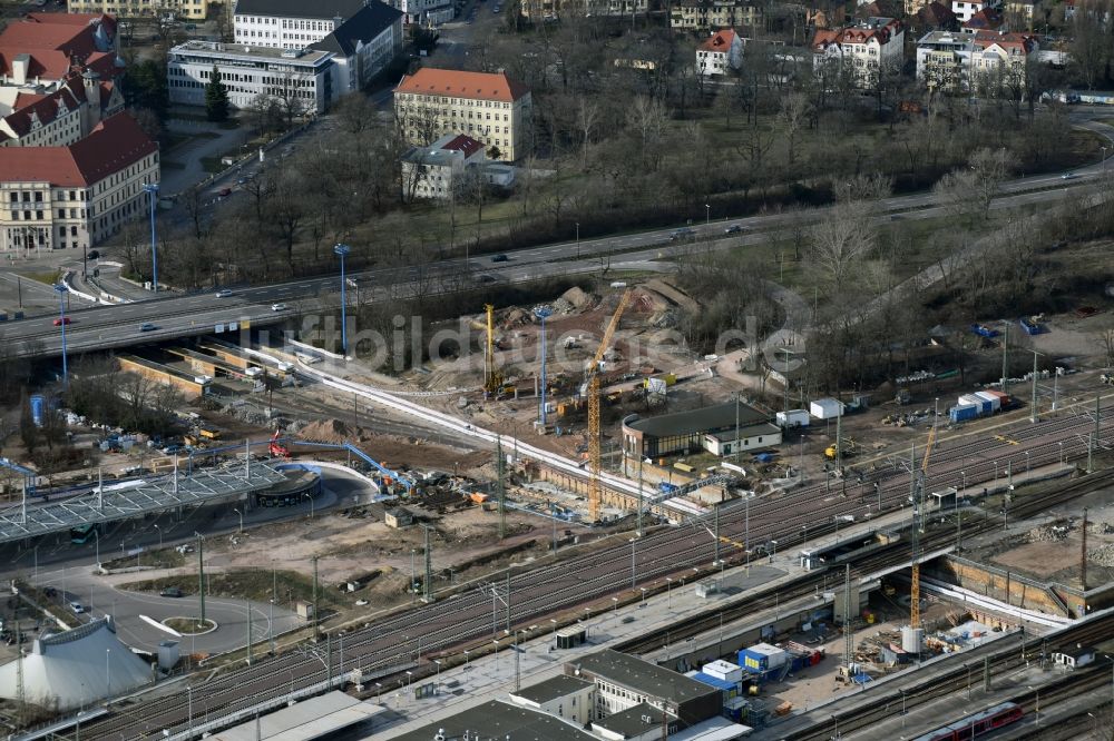 Magdeburg aus der Vogelperspektive: Baustelle zum Neubau des Citytunnels im Zuge der Bahnbrückensanierung der Deutschen Bahn in Magdeburg im Bundesland Sachsen-Anhalt