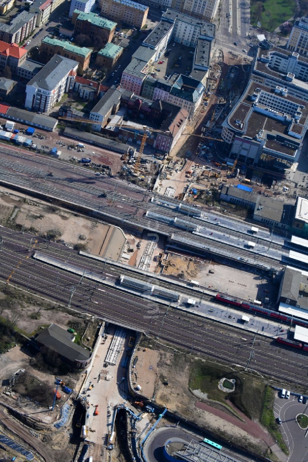 Luftbild Magdeburg - Baustelle zum Neubau des Citytunnels im Zuge der Bahnbrückensanierung der Deutschen Bahn in Magdeburg im Bundesland Sachsen-Anhalt