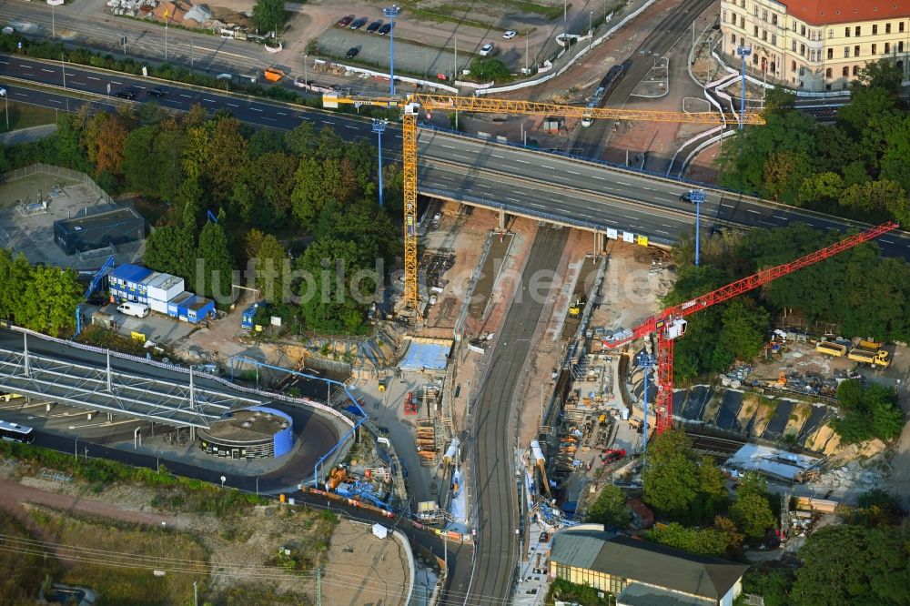 Magdeburg von oben - Baustelle zum Neubau des Citytunnels im Zuge der Bahnbrückensanierung der Deutschen Bahn in Magdeburg im Bundesland Sachsen-Anhalt