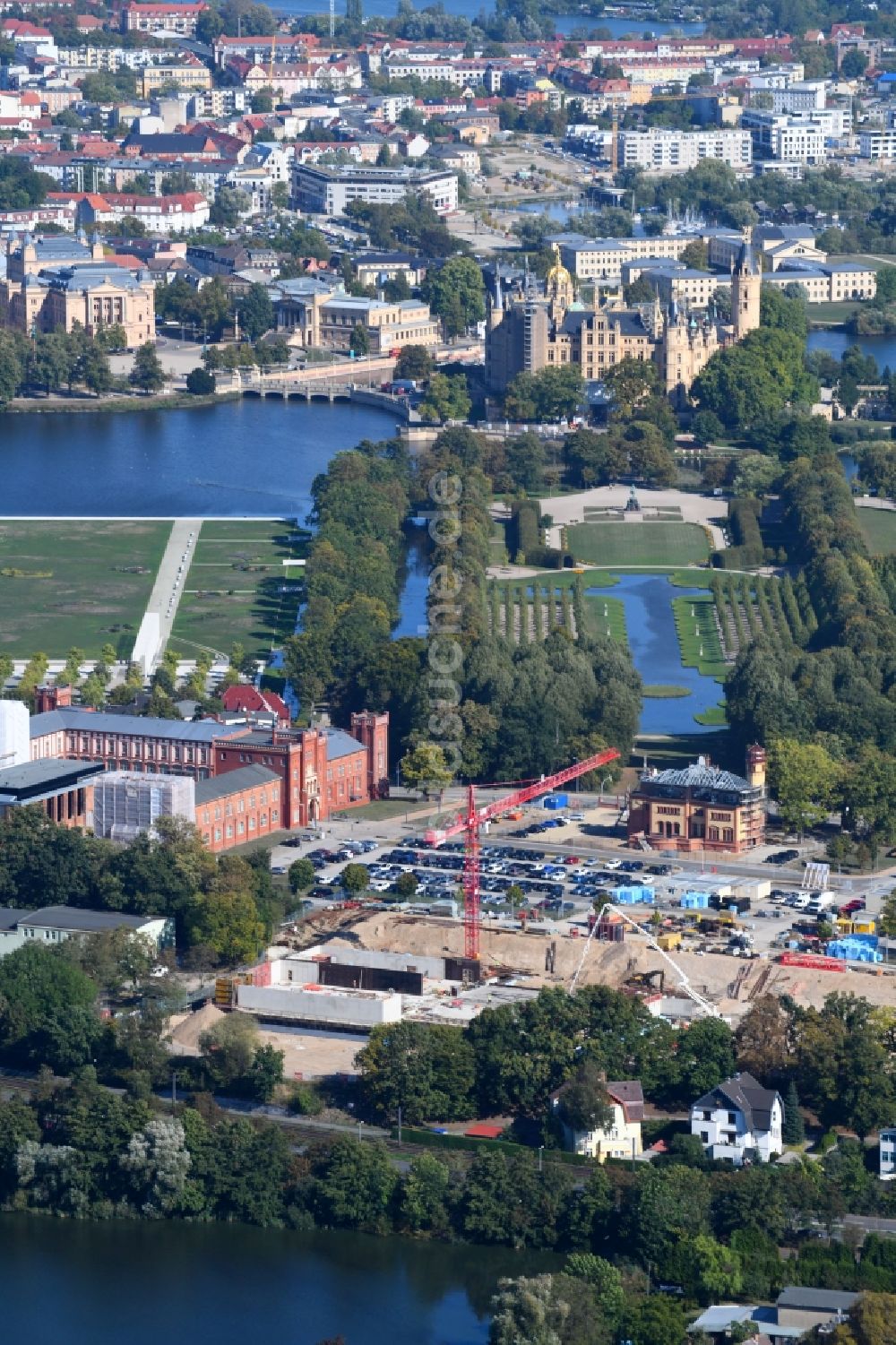 Luftbild Schwerin - Baustelle zum Neubau von Depots und Werkstätten in Schwerin im Bundesland Mecklenburg-Vorpommern, Deutschland