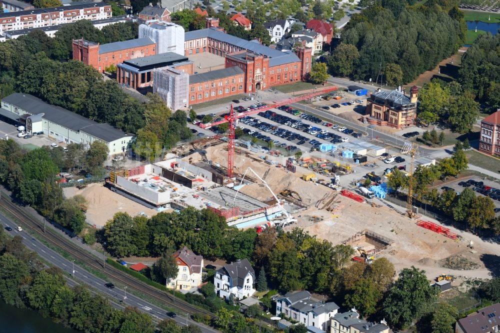 Schwerin aus der Vogelperspektive: Baustelle zum Neubau von Depots und Werkstätten in Schwerin im Bundesland Mecklenburg-Vorpommern, Deutschland