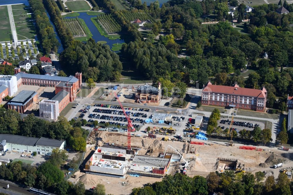 Luftaufnahme Schwerin - Baustelle zum Neubau von Depots und Werkstätten in Schwerin im Bundesland Mecklenburg-Vorpommern, Deutschland