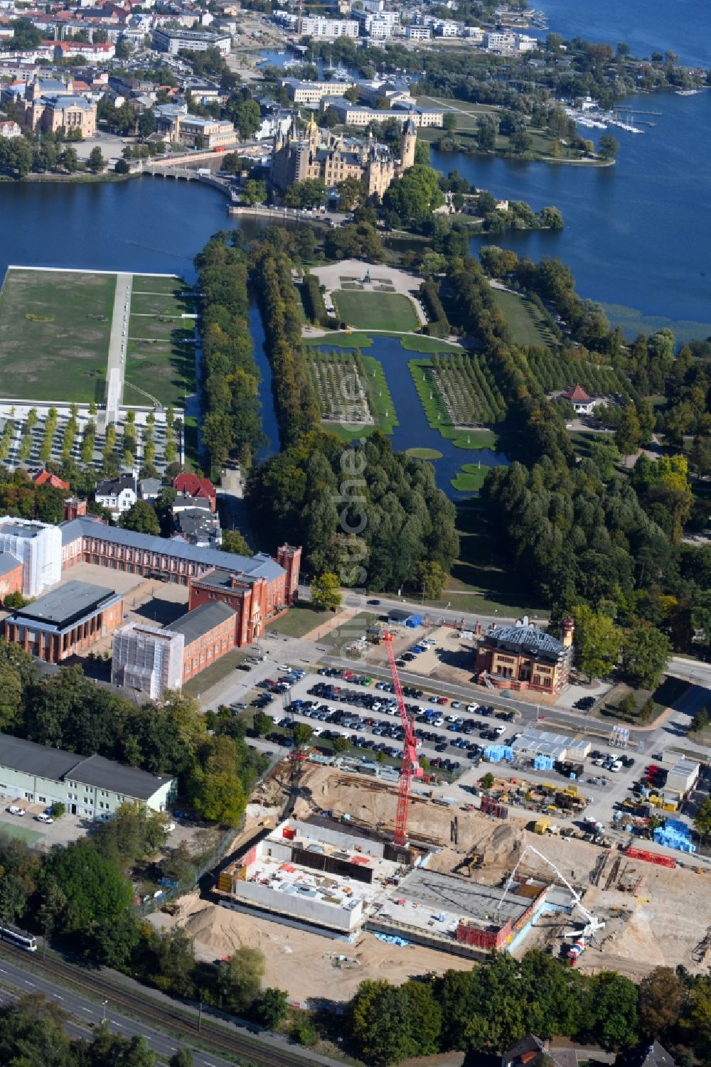 Schwerin aus der Vogelperspektive: Baustelle zum Neubau von Depots und Werkstätten in Schwerin im Bundesland Mecklenburg-Vorpommern, Deutschland