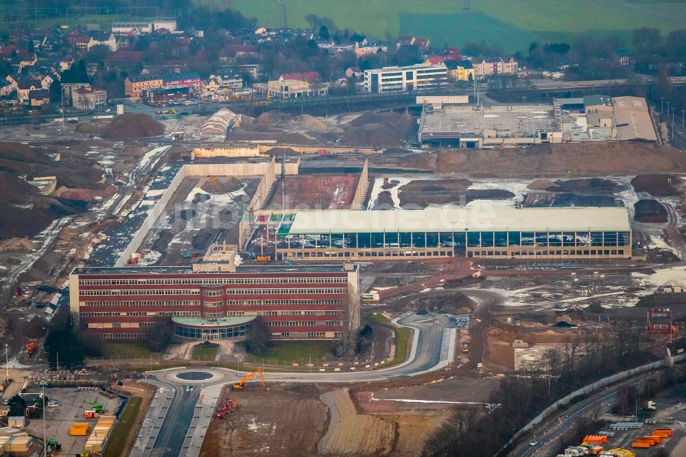 Luftaufnahme Bochum - Baustelle zum Neubau eines DHL- Hub- Gebäudekomplexes auf dem Gelände des Logistikzentrums im Entwicklungsgebiet MARK 51°7 in Bochum im Bundesland Nordrhein-Westfalen, Deutschland