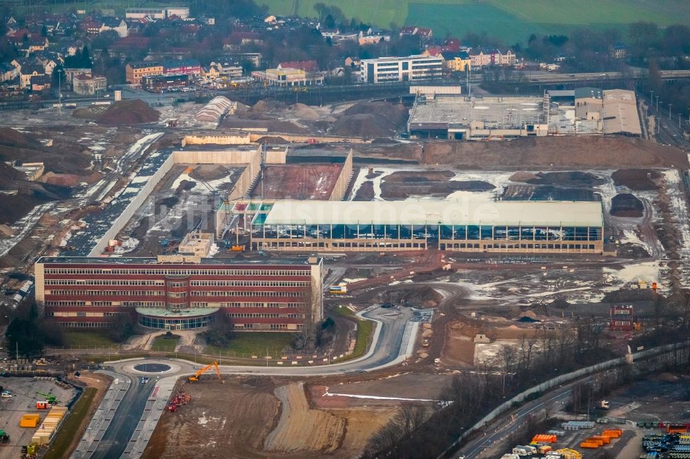 Bochum von oben - Baustelle zum Neubau eines DHL- Hub- Gebäudekomplexes auf dem Gelände des Logistikzentrums im Entwicklungsgebiet MARK 51°7 in Bochum im Bundesland Nordrhein-Westfalen, Deutschland