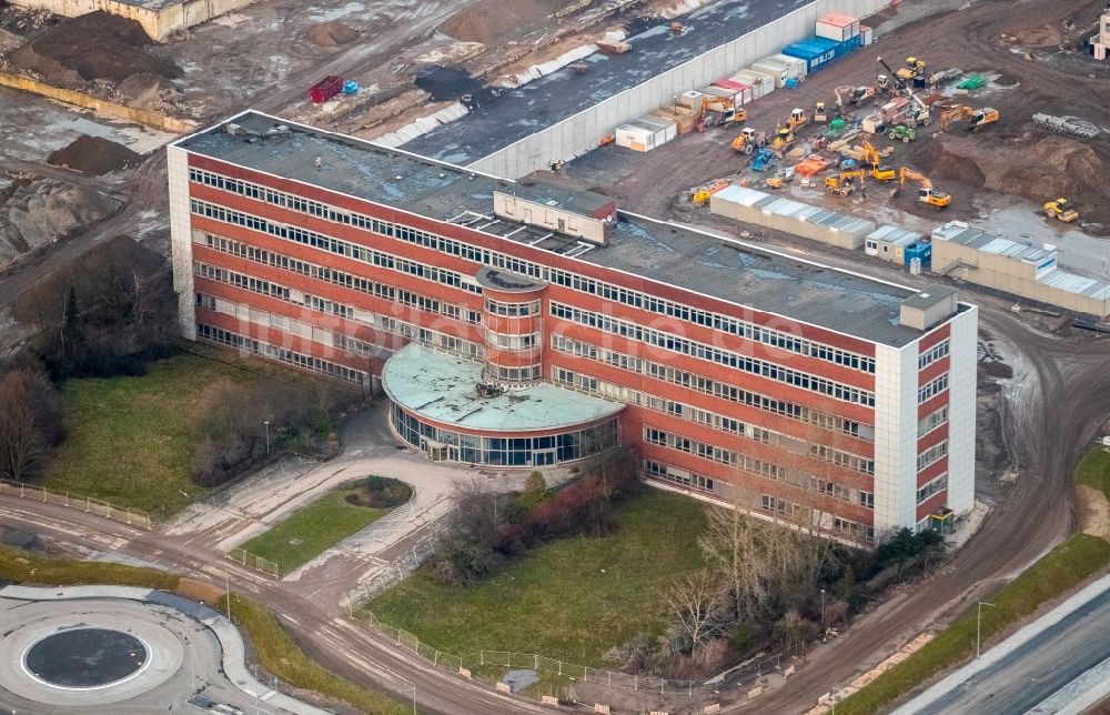 Bochum aus der Vogelperspektive: Baustelle zum Neubau eines DHL- Hub- Gebäudekomplexes auf dem Gelände des Logistikzentrums im Entwicklungsgebiet MARK 51°7 in Bochum im Bundesland Nordrhein-Westfalen, Deutschland