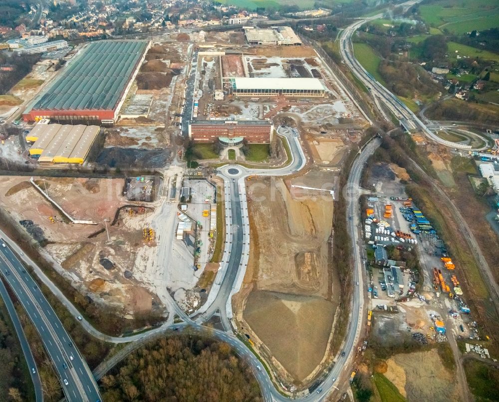 Bochum aus der Vogelperspektive: Baustelle zum Neubau eines DHL- Hub- Gebäudekomplexes auf dem Gelände des Logistikzentrums im Entwicklungsgebiet MARK 51°7 in Bochum im Bundesland Nordrhein-Westfalen, Deutschland