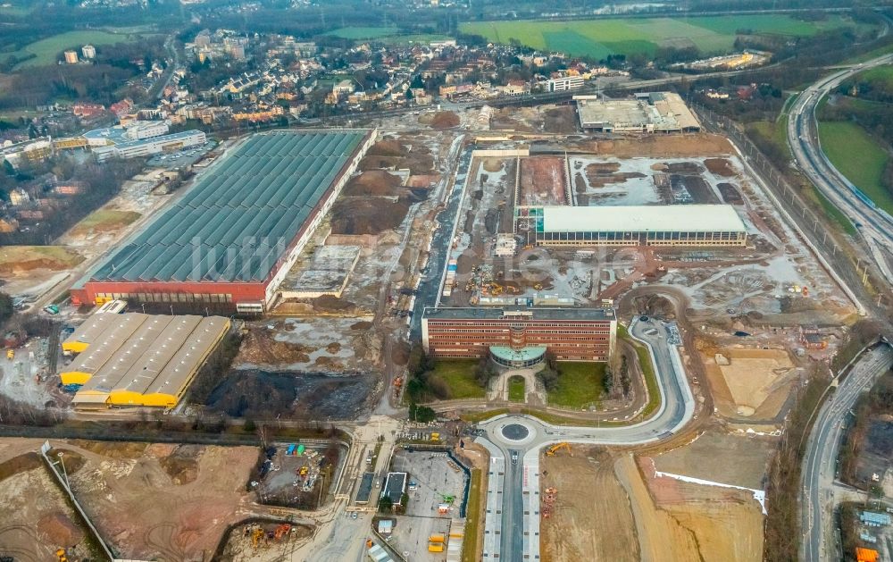 Luftaufnahme Bochum - Baustelle zum Neubau eines DHL- Hub- Gebäudekomplexes auf dem Gelände des Logistikzentrums im Entwicklungsgebiet MARK 51°7 in Bochum im Bundesland Nordrhein-Westfalen, Deutschland