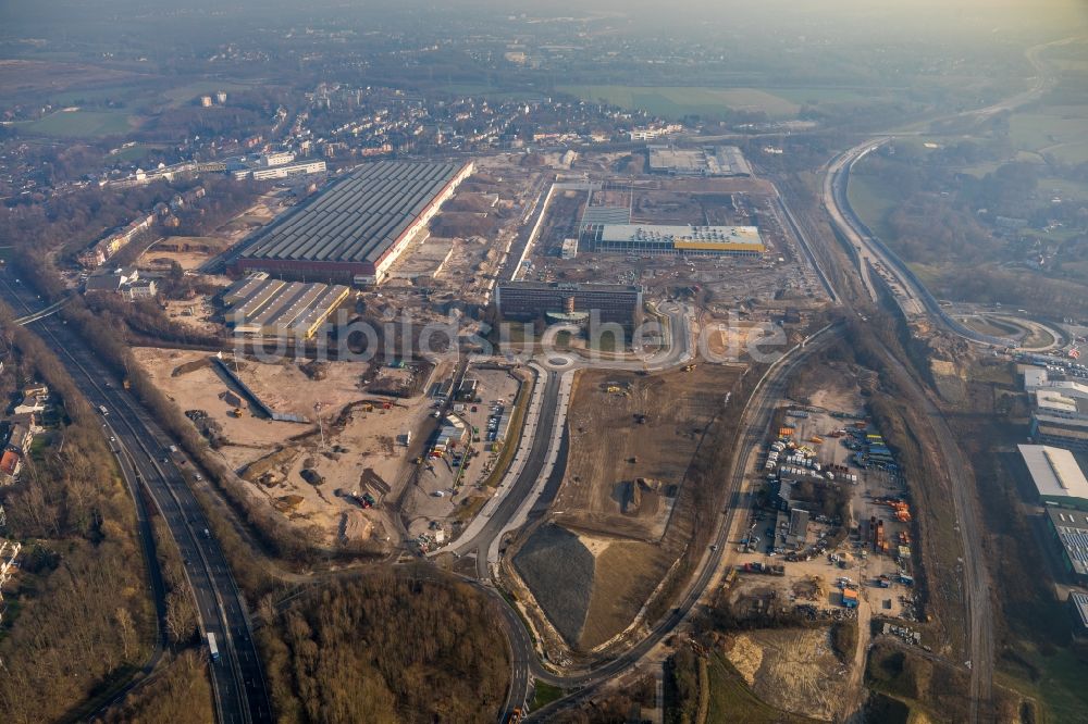 Luftaufnahme Bochum - Baustelle zum Neubau eines DHL- Hub- Gebäudekomplexes auf dem Gelände des Logistikzentrums im Entwicklungsgebiet MARK 51°7 in Bochum im Bundesland Nordrhein-Westfalen, Deutschland