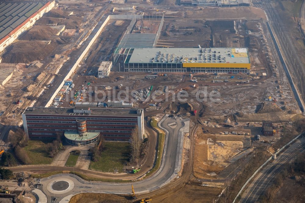 Bochum von oben - Baustelle zum Neubau eines DHL- Hub- Gebäudekomplexes auf dem Gelände des Logistikzentrums im Entwicklungsgebiet MARK 51°7 in Bochum im Bundesland Nordrhein-Westfalen, Deutschland