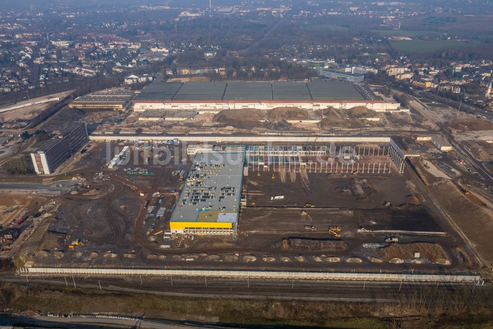 Luftaufnahme Bochum - Baustelle zum Neubau eines DHL- Hub- Gebäudekomplexes auf dem Gelände des Logistikzentrums im Entwicklungsgebiet MARK 51°7 in Bochum im Bundesland Nordrhein-Westfalen, Deutschland