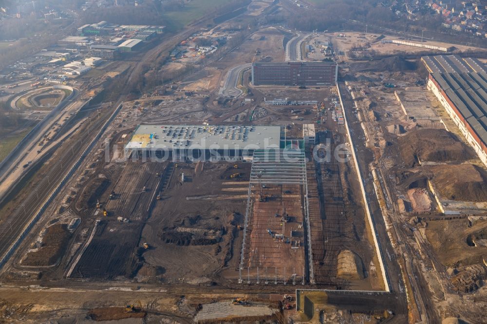 Bochum aus der Vogelperspektive: Baustelle zum Neubau eines DHL- Hub- Gebäudekomplexes auf dem Gelände des Logistikzentrums im Entwicklungsgebiet MARK 51°7 in Bochum im Bundesland Nordrhein-Westfalen, Deutschland