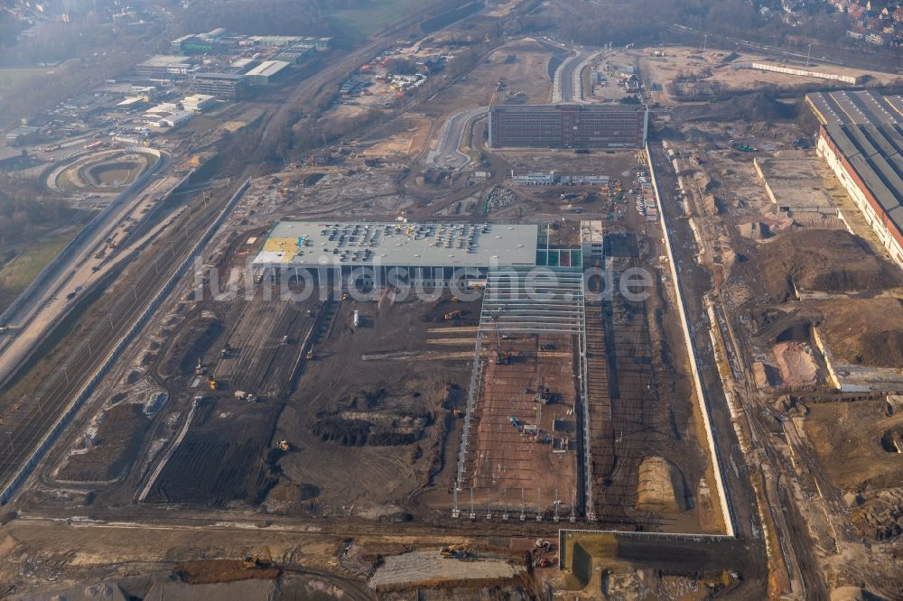 Luftbild Bochum - Baustelle zum Neubau eines DHL- Hub- Gebäudekomplexes auf dem Gelände des Logistikzentrums im Entwicklungsgebiet MARK 51°7 in Bochum im Bundesland Nordrhein-Westfalen, Deutschland