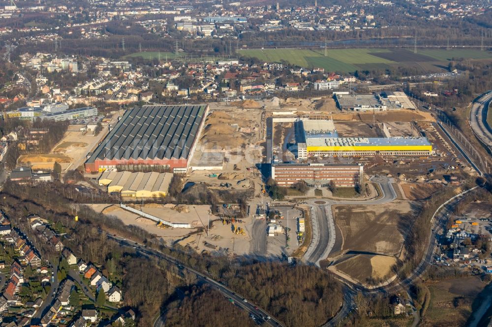 Luftaufnahme Bochum - Baustelle zum Neubau eines DHL- Hub- Gebäudekomplexes auf dem Gelände des Logistikzentrums im Entwicklungsgebiet MARK 51°7 in Bochum im Bundesland Nordrhein-Westfalen, Deutschland