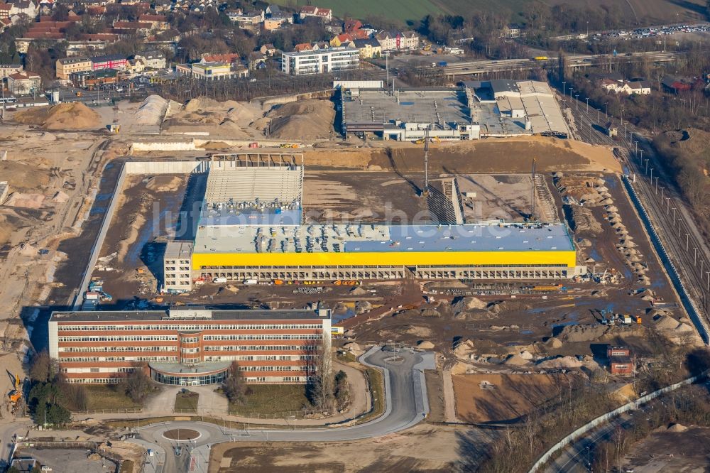 Bochum aus der Vogelperspektive: Baustelle zum Neubau eines DHL- Hub- Gebäudekomplexes auf dem Gelände des Logistikzentrums im Entwicklungsgebiet MARK 51°7 in Bochum im Bundesland Nordrhein-Westfalen, Deutschland