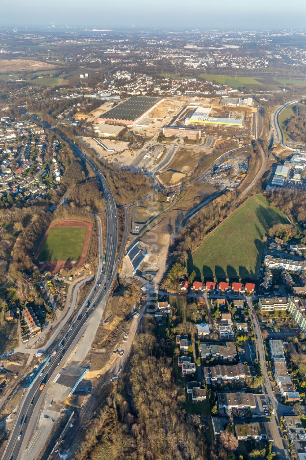 Luftbild Bochum - Baustelle zum Neubau eines DHL- Hub- Gebäudekomplexes auf dem Gelände des Logistikzentrums im Entwicklungsgebiet MARK 51°7 in Bochum im Bundesland Nordrhein-Westfalen, Deutschland