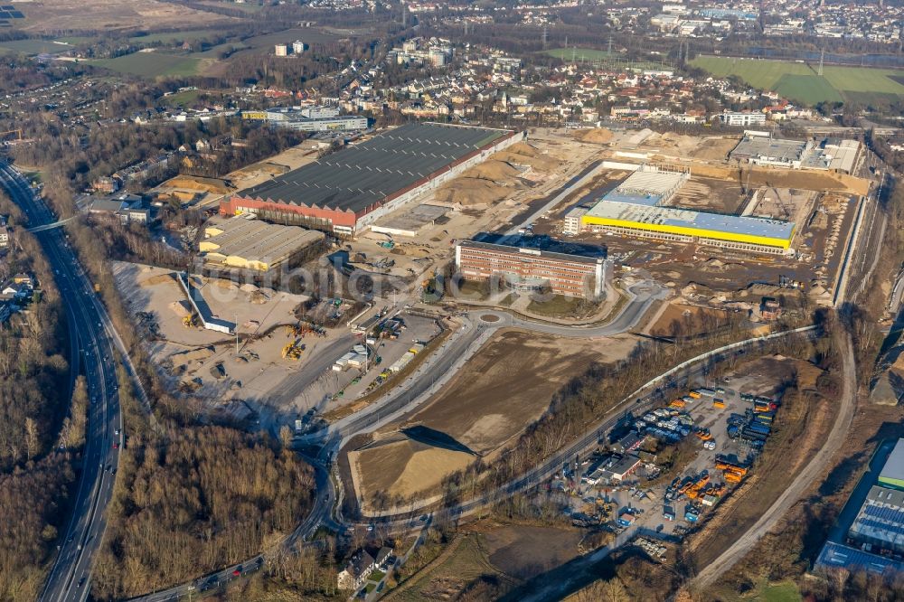 Luftaufnahme Bochum - Baustelle zum Neubau eines DHL- Hub- Gebäudekomplexes auf dem Gelände des Logistikzentrums im Entwicklungsgebiet MARK 51°7 in Bochum im Bundesland Nordrhein-Westfalen, Deutschland