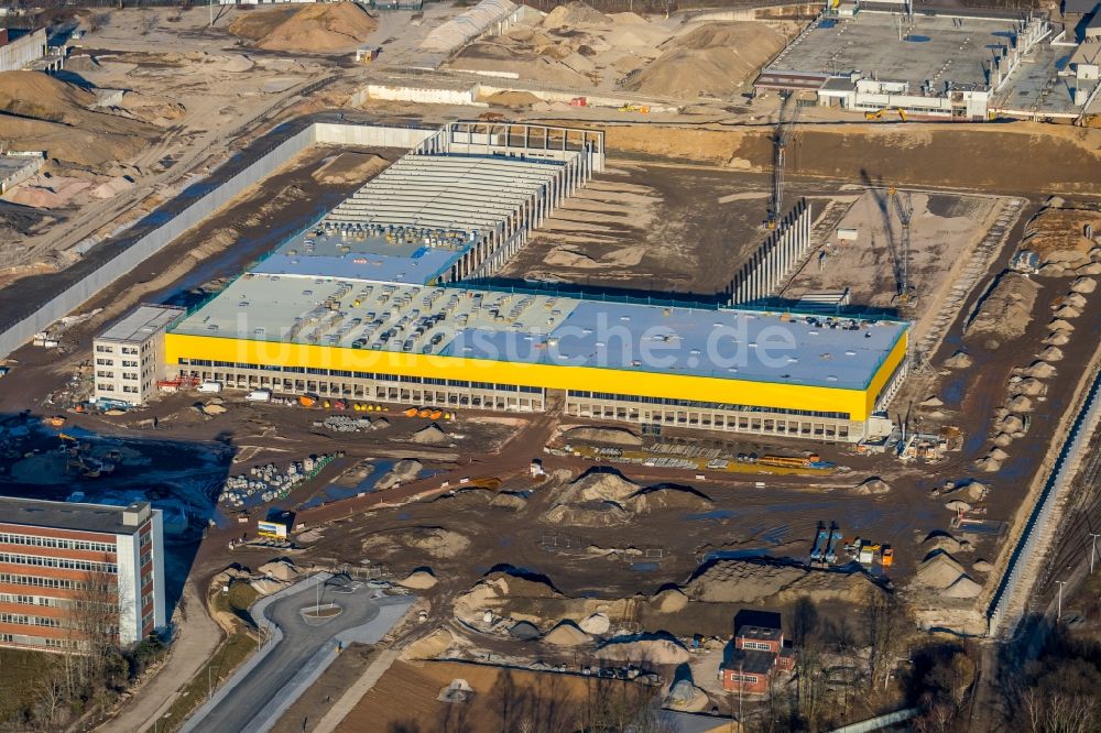 Bochum von oben - Baustelle zum Neubau eines DHL- Hub- Gebäudekomplexes auf dem Gelände des Logistikzentrums im Entwicklungsgebiet MARK 51°7 in Bochum im Bundesland Nordrhein-Westfalen, Deutschland