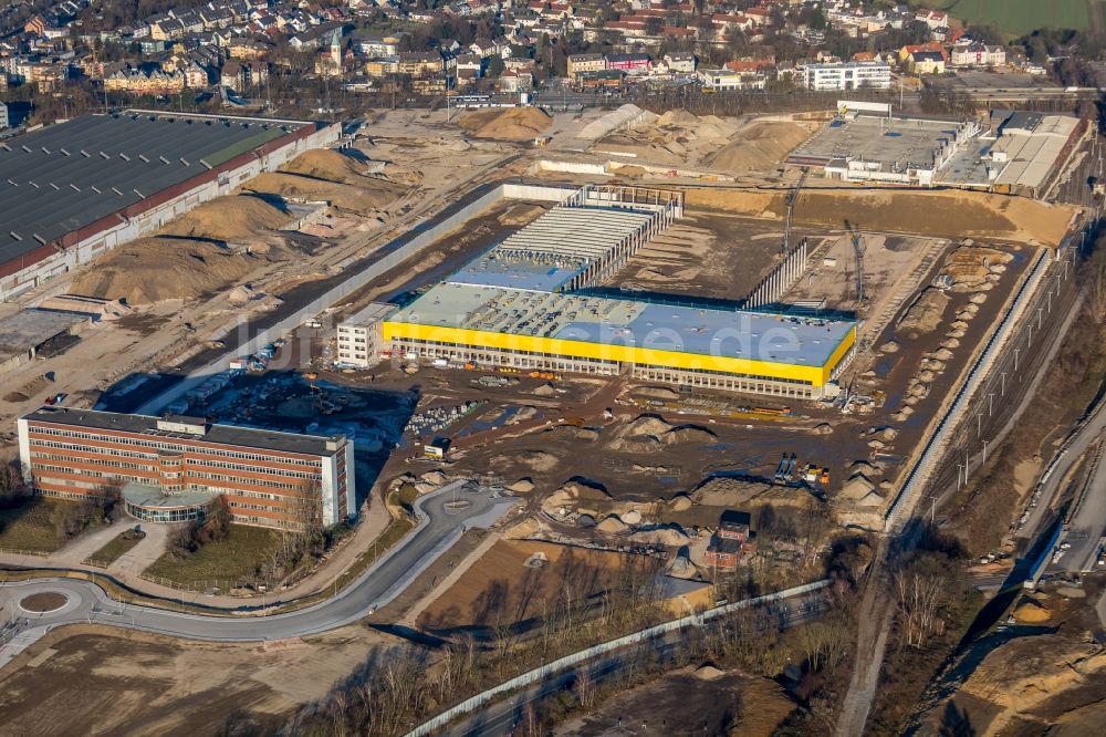 Bochum aus der Vogelperspektive: Baustelle zum Neubau eines DHL- Hub- Gebäudekomplexes auf dem Gelände des Logistikzentrums im Entwicklungsgebiet MARK 51°7 in Bochum im Bundesland Nordrhein-Westfalen, Deutschland